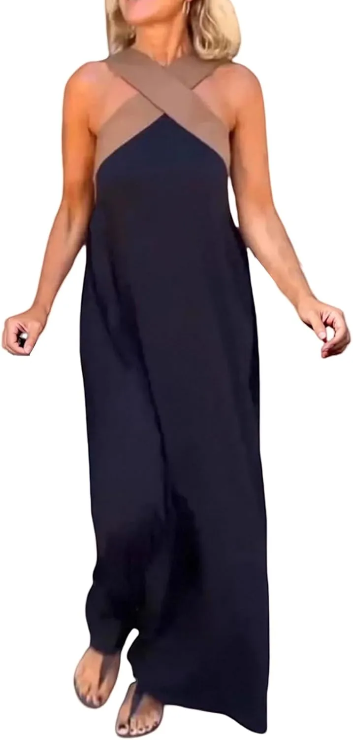 Women's Cross Halter Neck Sleeveless Stitching Dress2025 Summer Loose Flowy Sundress Backless Maxi Dress