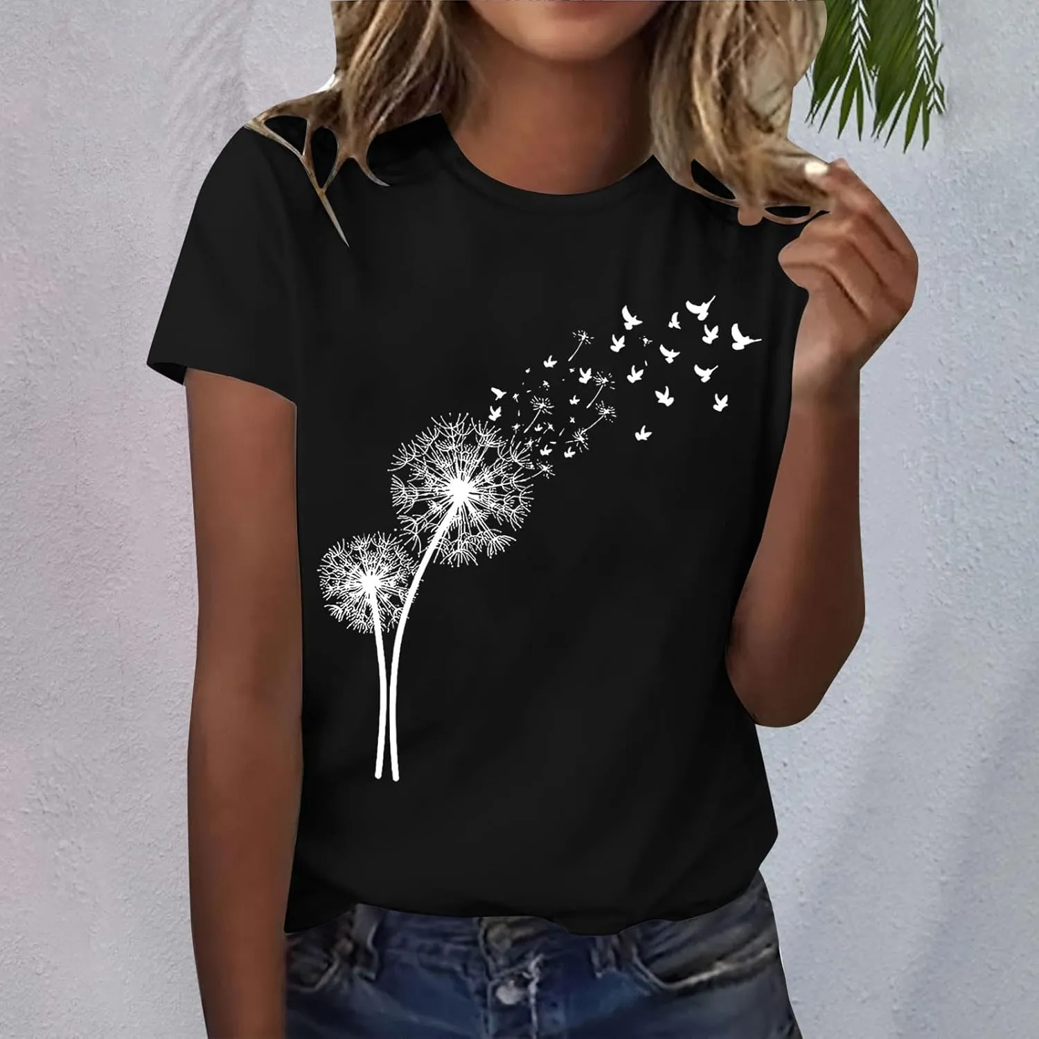 Women's Dandelion Printed Shirt Summer 2025 Short Sleeve Casual Shirts Cute Fit Summer Casual Tee Tops