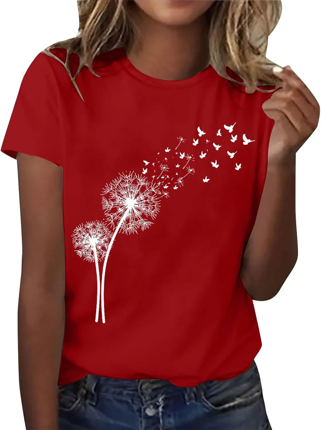 Women's Dandelion Printed Shirt Summer 2025 Short Sleeve Casual Shirts Cute Fit Summer Casual Tee Tops
