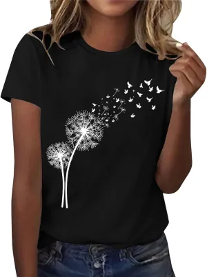 Women's Dandelion Printed Shirt Summer 2025 Short Sleeve Casual Shirts Cute Fit Summer Casual Tee Tops