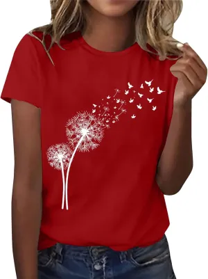 Women's Dandelion Printed Shirt Summer 2025 Short Sleeve Casual Shirts Cute Fit Summer Casual Tee Tops