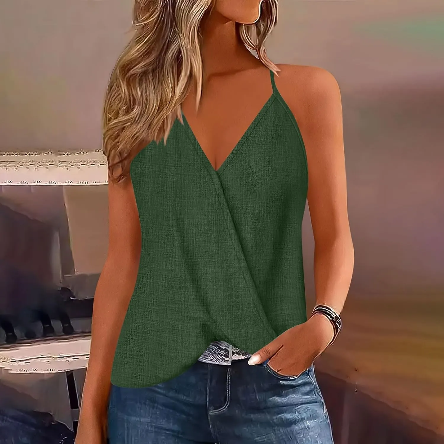 Womens Deep V Neck Wrap Spaghetti Strap Tank Tops Summer Boho Sleeveless Dressy Casual Ladies Shirts Blouses 2025