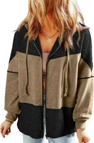 Women's Drawstring Waffle Hoodies Oversized Zip Up Patchwork Jackets Fall Casual Long Sleeve Vintage Outwear Coats