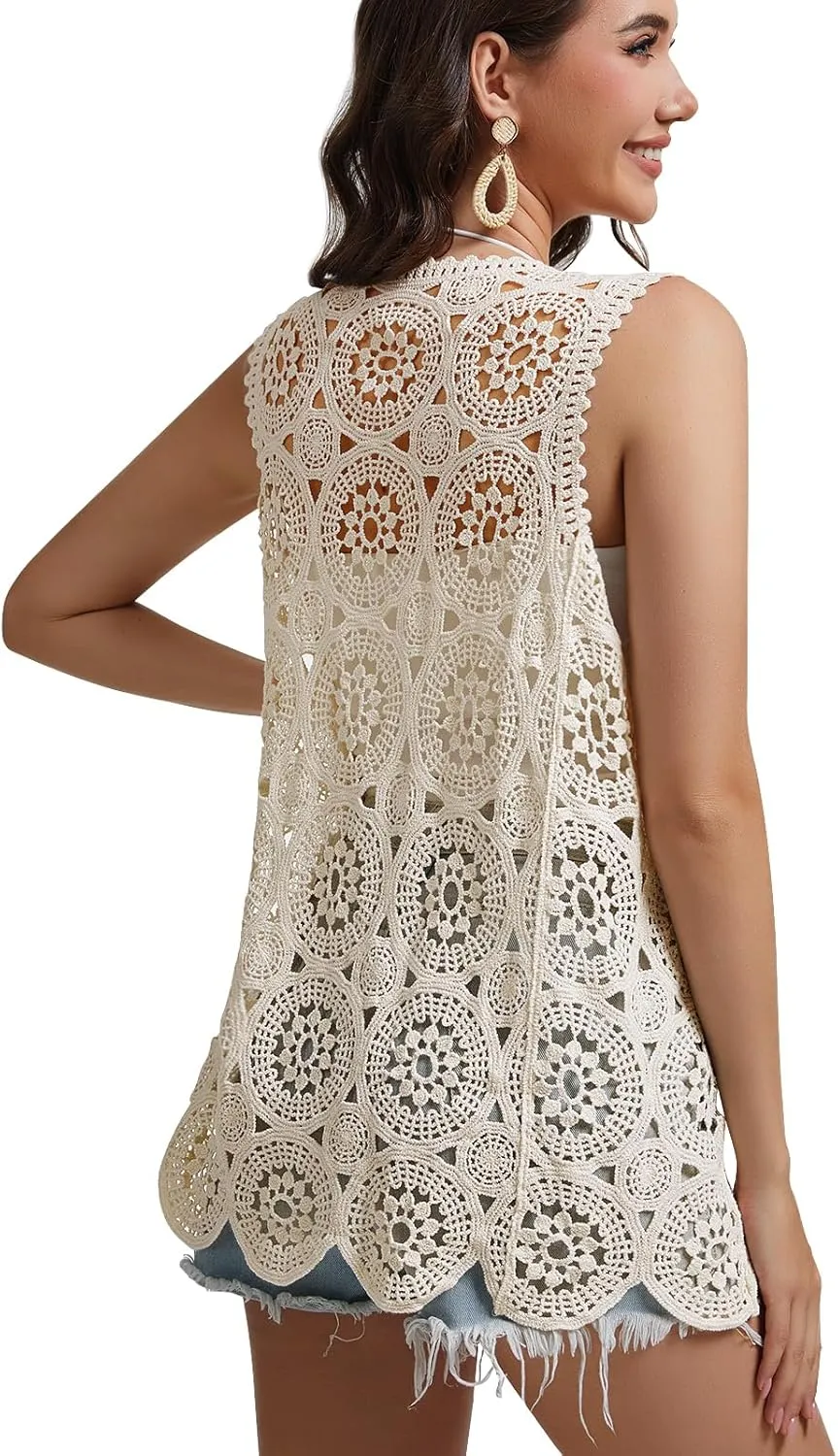 Womens Floral Crochet Lace Boho Trim Sleeveless Open Front Vest Cardigan