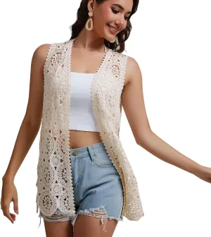 Womens Floral Crochet Lace Boho Trim Sleeveless Open Front Vest Cardigan
