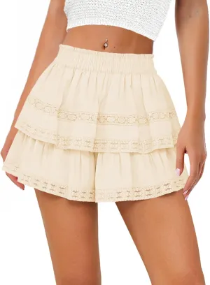 Women's Flowy Summer Shorts for Women Lace Layered Ruffle Pleated High Waist Mini Skirts Casual Swing Beach Skorts