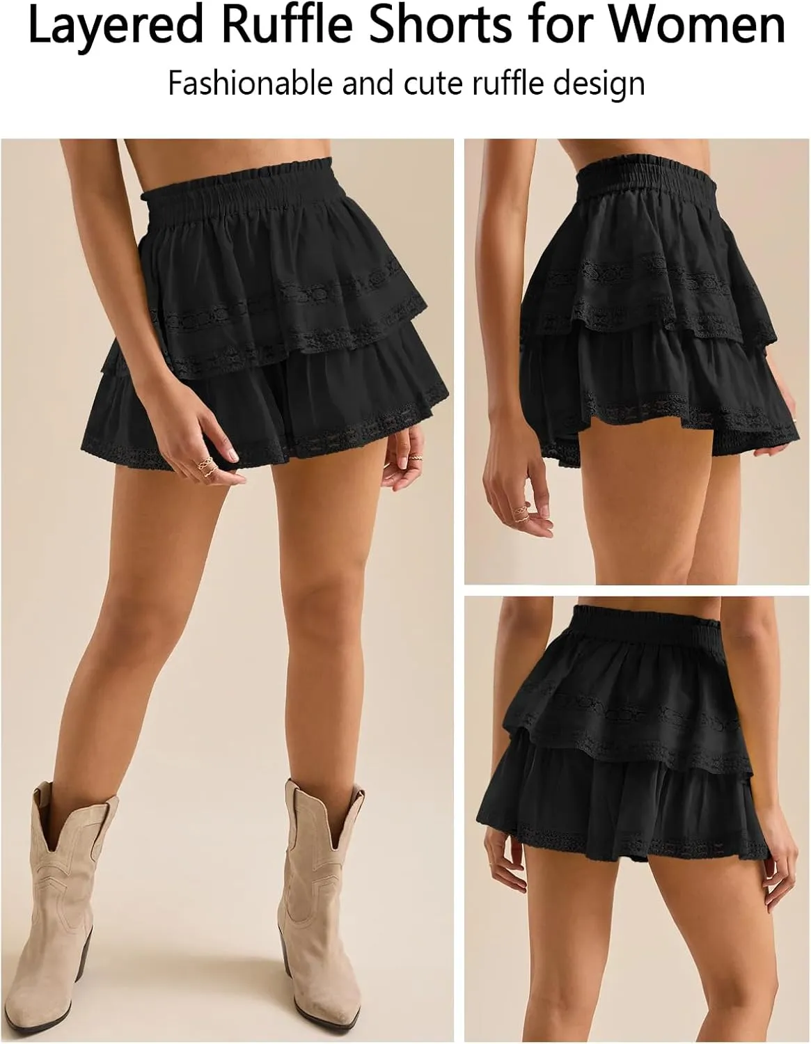 Women's Flowy Summer Shorts for Women Lace Layered Ruffle Pleated High Waist Mini Skirts Casual Swing Beach Skorts