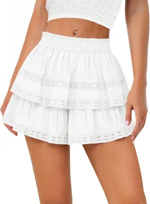 Women's Flowy Summer Shorts for Women Lace Layered Ruffle Pleated High Waist Mini Skirts Casual Swing Beach Skorts