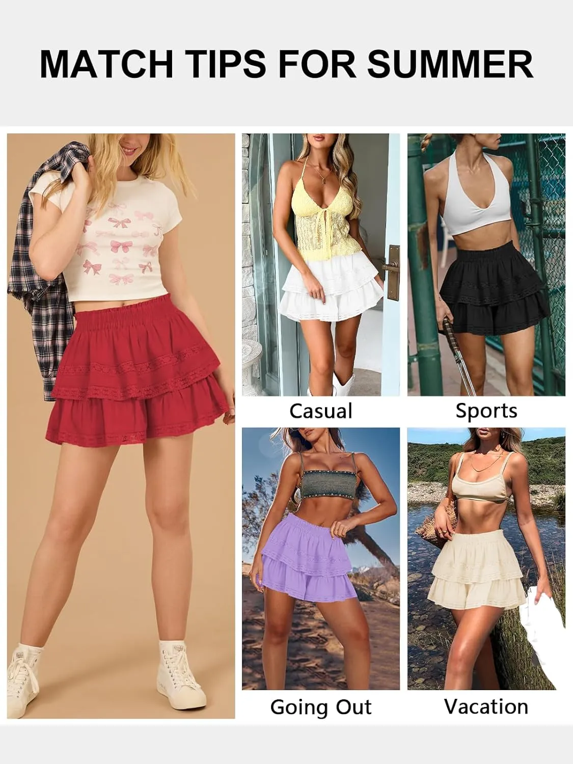 Women's Flowy Summer Shorts for Women Lace Layered Ruffle Pleated High Waist Mini Skirts Casual Swing Beach Skorts