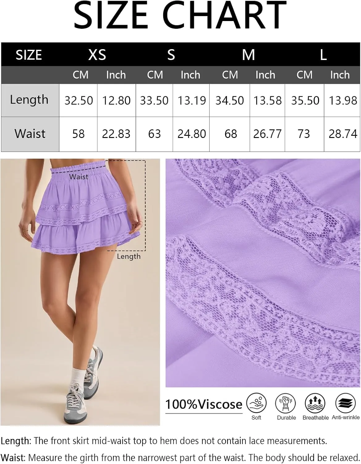 Women's Flowy Summer Shorts for Women Lace Layered Ruffle Pleated High Waist Mini Skirts Casual Swing Beach Skorts