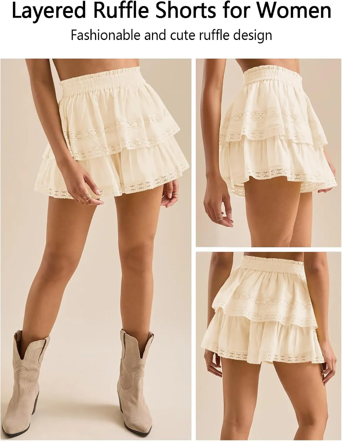 Women's Flowy Summer Shorts for Women Lace Layered Ruffle Pleated High Waist Mini Skirts Casual Swing Beach Skorts