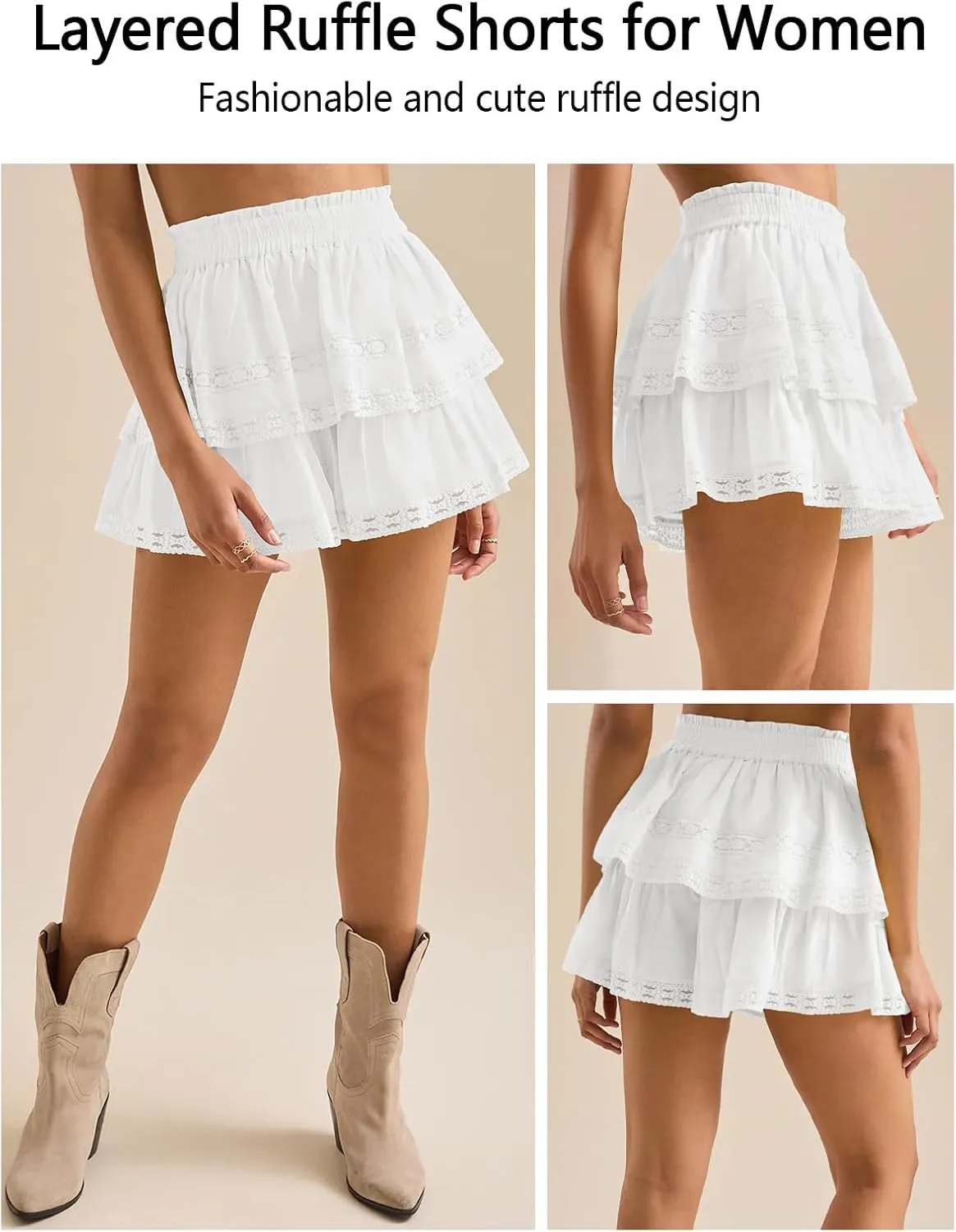 Women's Flowy Summer Shorts for Women Lace Layered Ruffle Pleated High Waist Mini Skirts Casual Swing Beach Skorts