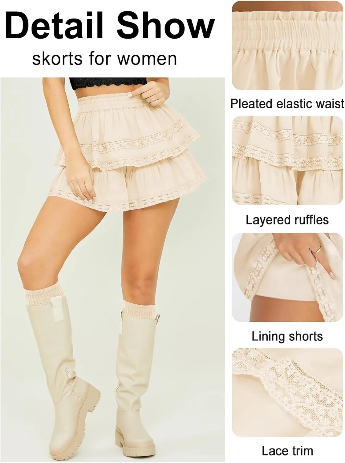 Women's Flowy Summer Shorts for Women Lace Layered Ruffle Pleated High Waist Mini Skirts Casual Swing Beach Skorts