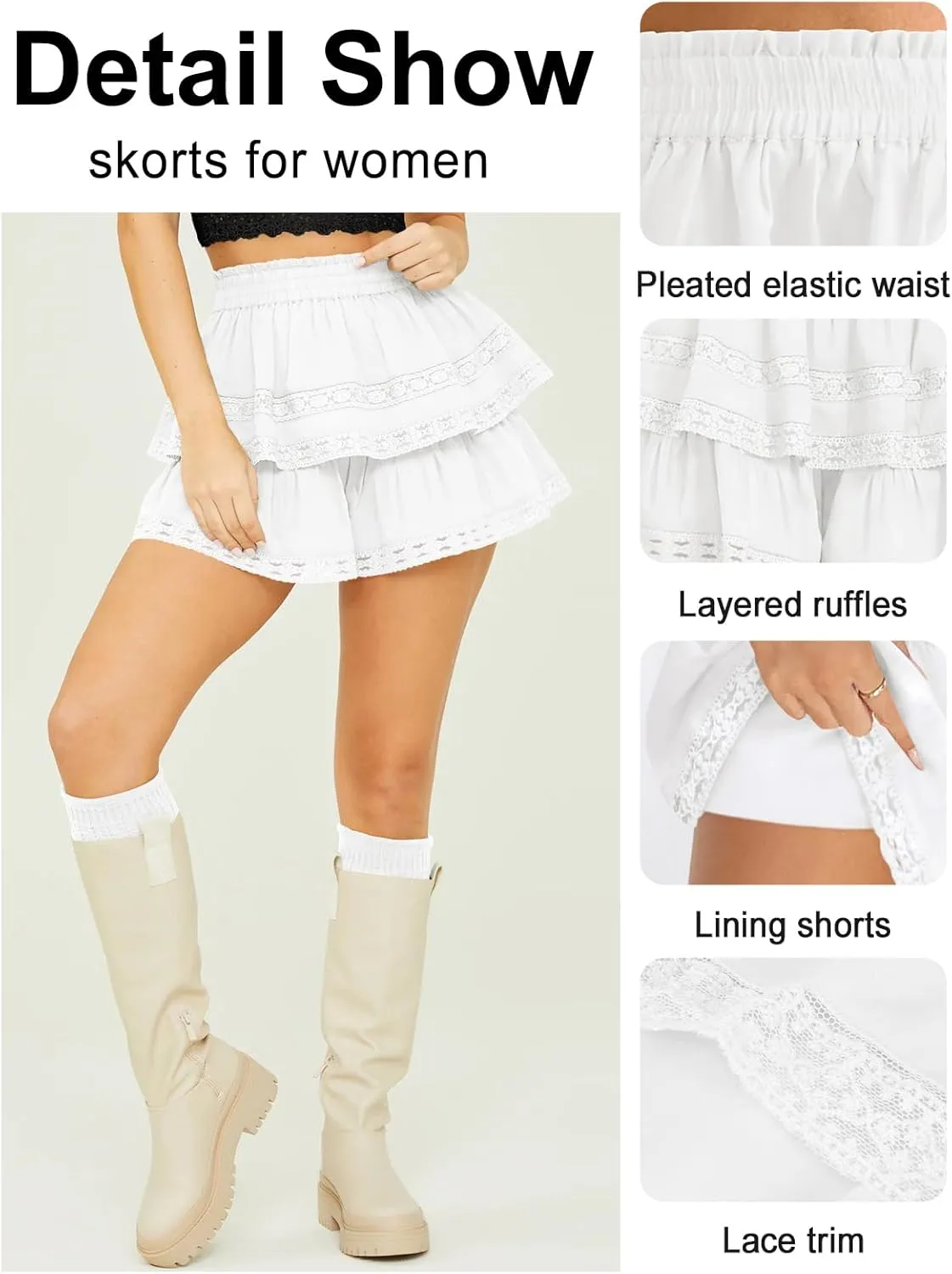 Women's Flowy Summer Shorts for Women Lace Layered Ruffle Pleated High Waist Mini Skirts Casual Swing Beach Skorts
