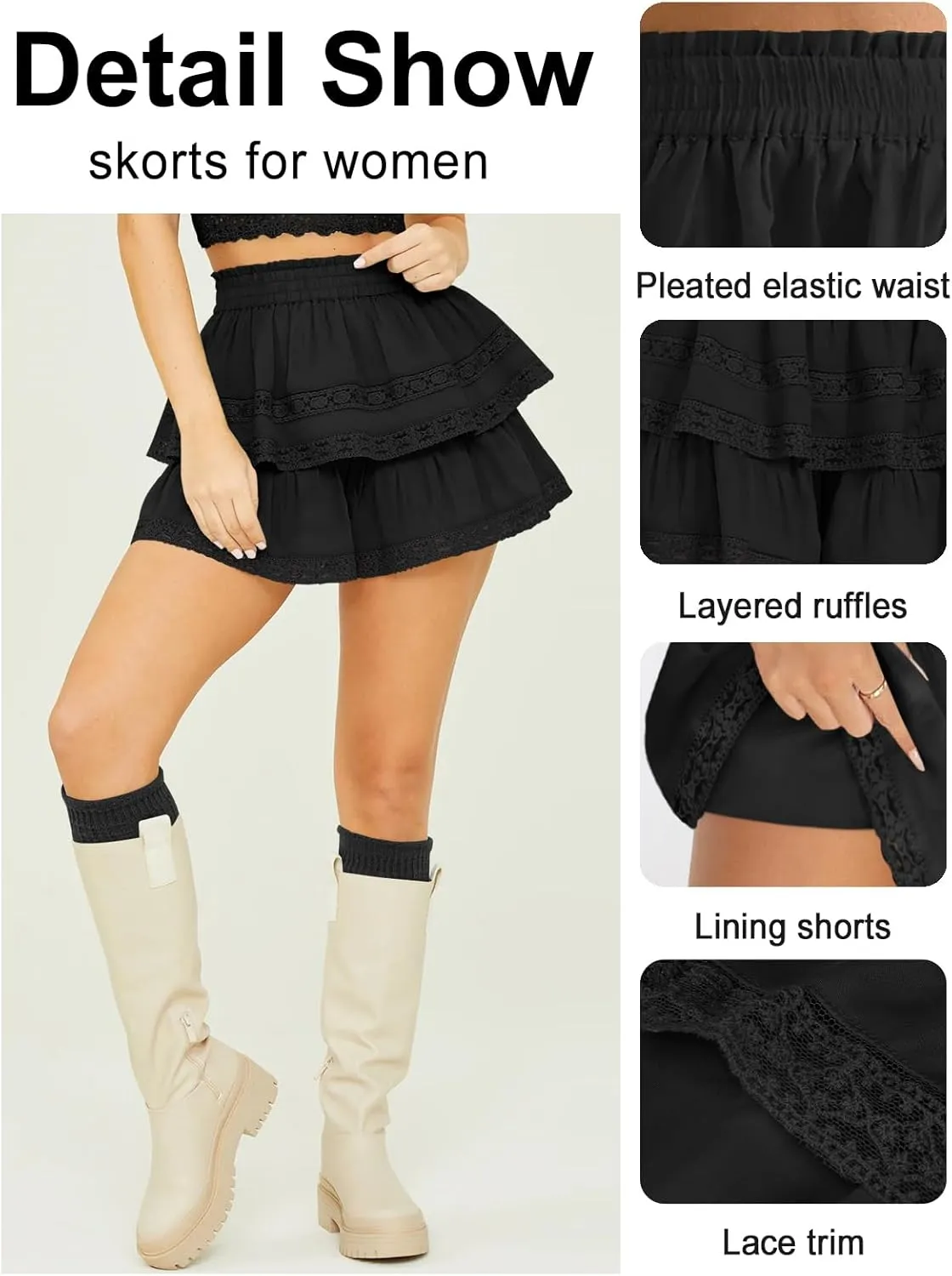 Women's Flowy Summer Shorts for Women Lace Layered Ruffle Pleated High Waist Mini Skirts Casual Swing Beach Skorts
