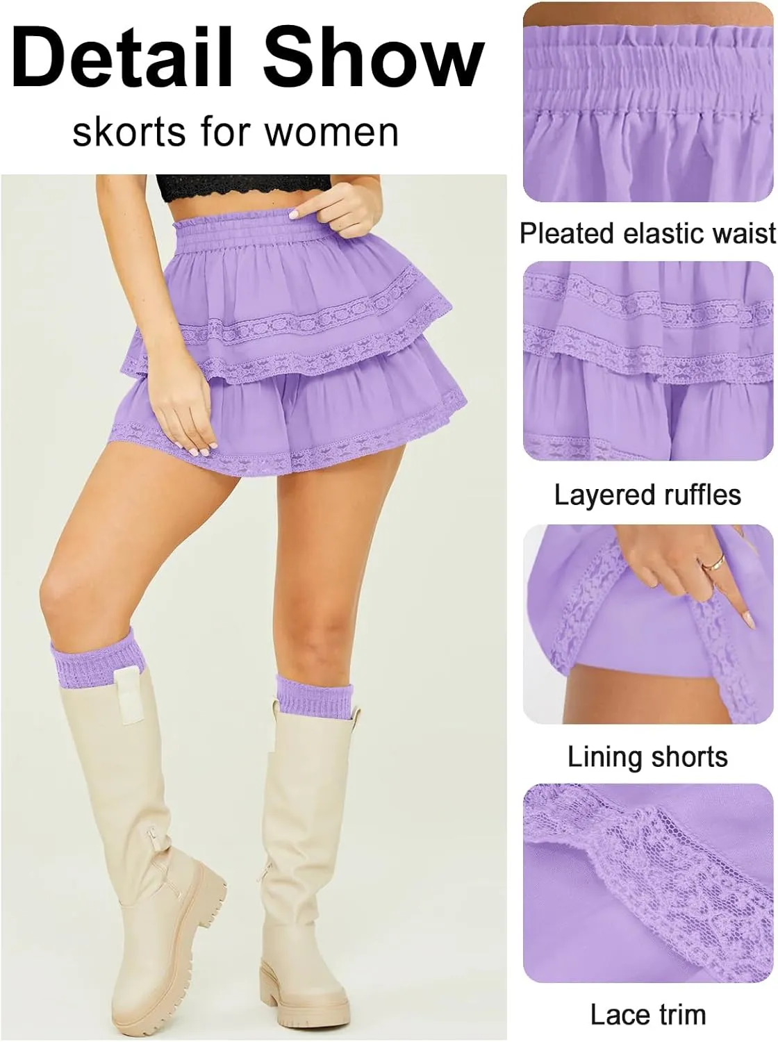 Women's Flowy Summer Shorts for Women Lace Layered Ruffle Pleated High Waist Mini Skirts Casual Swing Beach Skorts