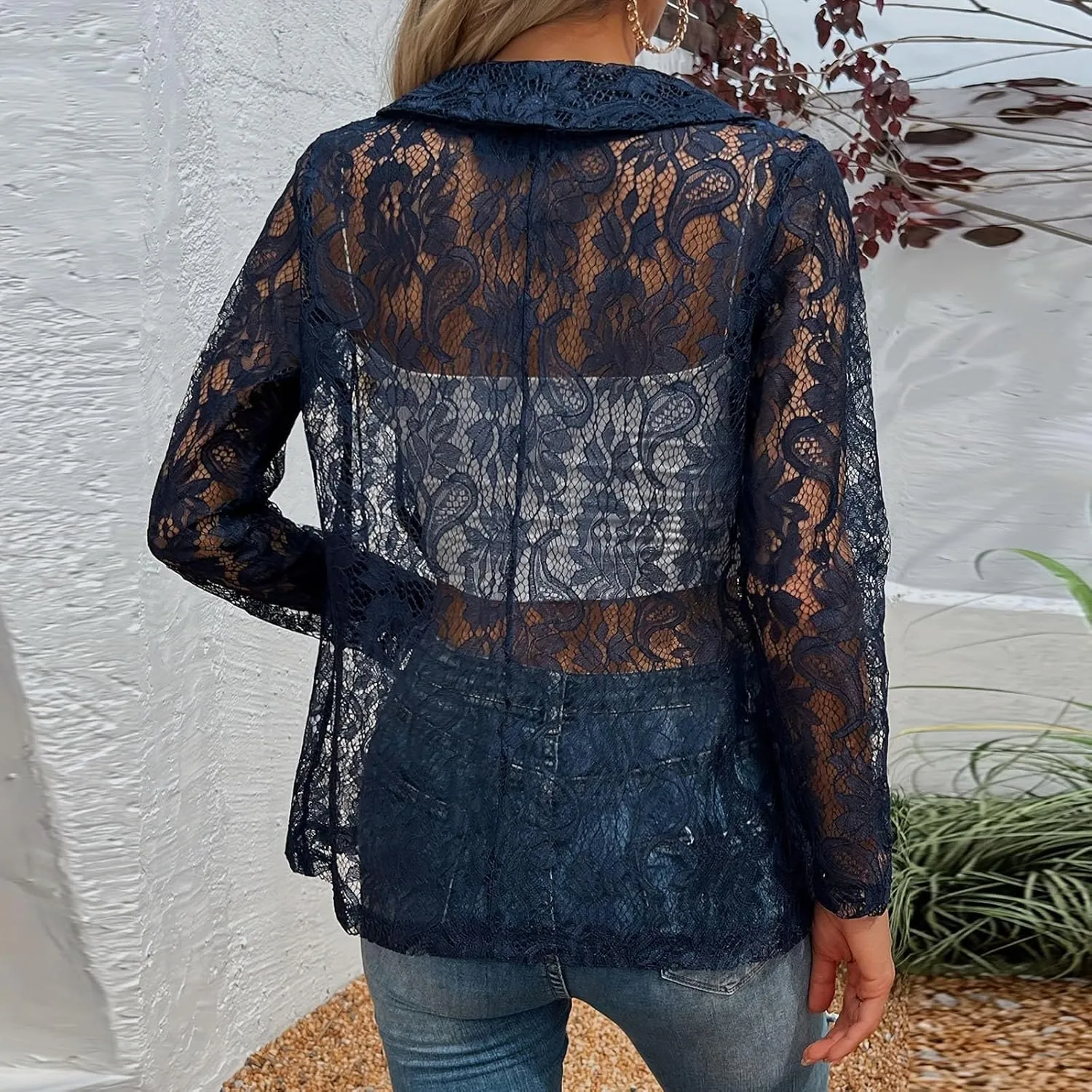 Women's Lace Open Front Long Sleeve Sheer Elegant Casual Blazer Jacket