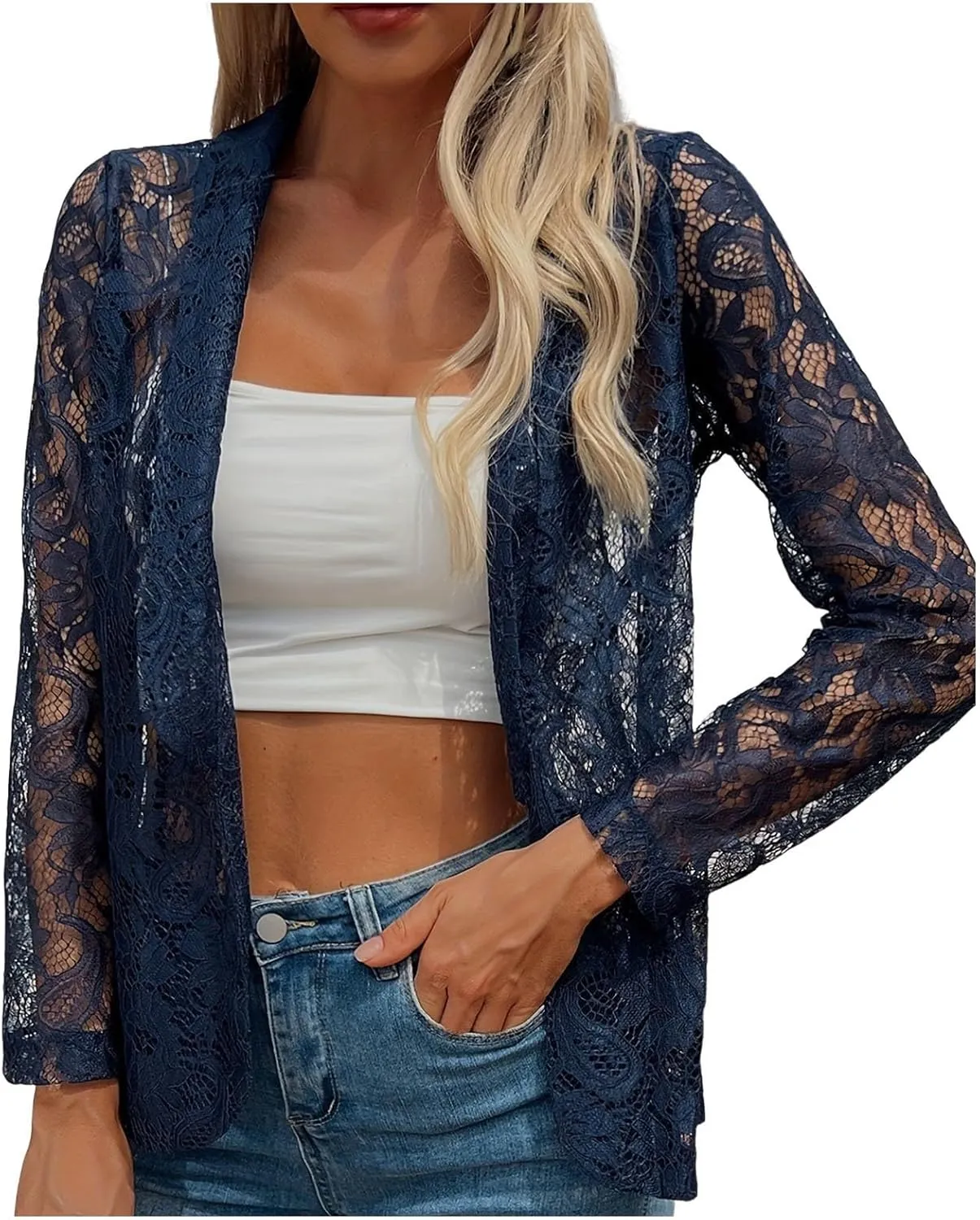 Women's Lace Open Front Long Sleeve Sheer Elegant Casual Blazer Jacket