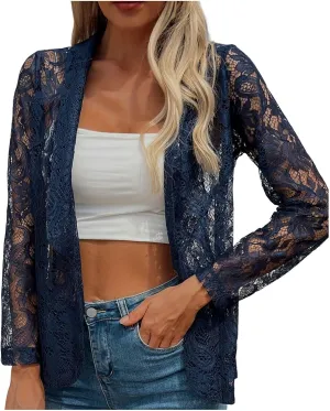 Women's Lace Open Front Long Sleeve Sheer Elegant Casual Blazer Jacket