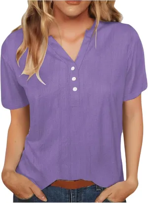 Womens Linen Button Down Shirts Short Sleeve V Neck Tshirts Light Weight Plain Blouses Casual Loose Fit Tunic Tops