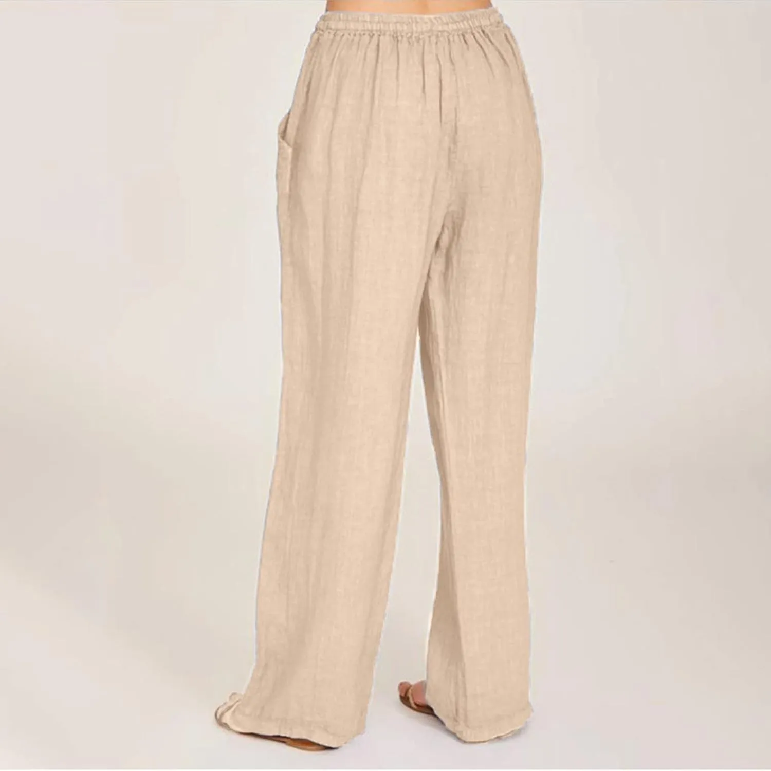 Women's Linen Palazzo Pants Drawstring Mid Waisted Flowy Wide Leg Long Lounge Pant Trousers Summer Casual Slacks with Pockets