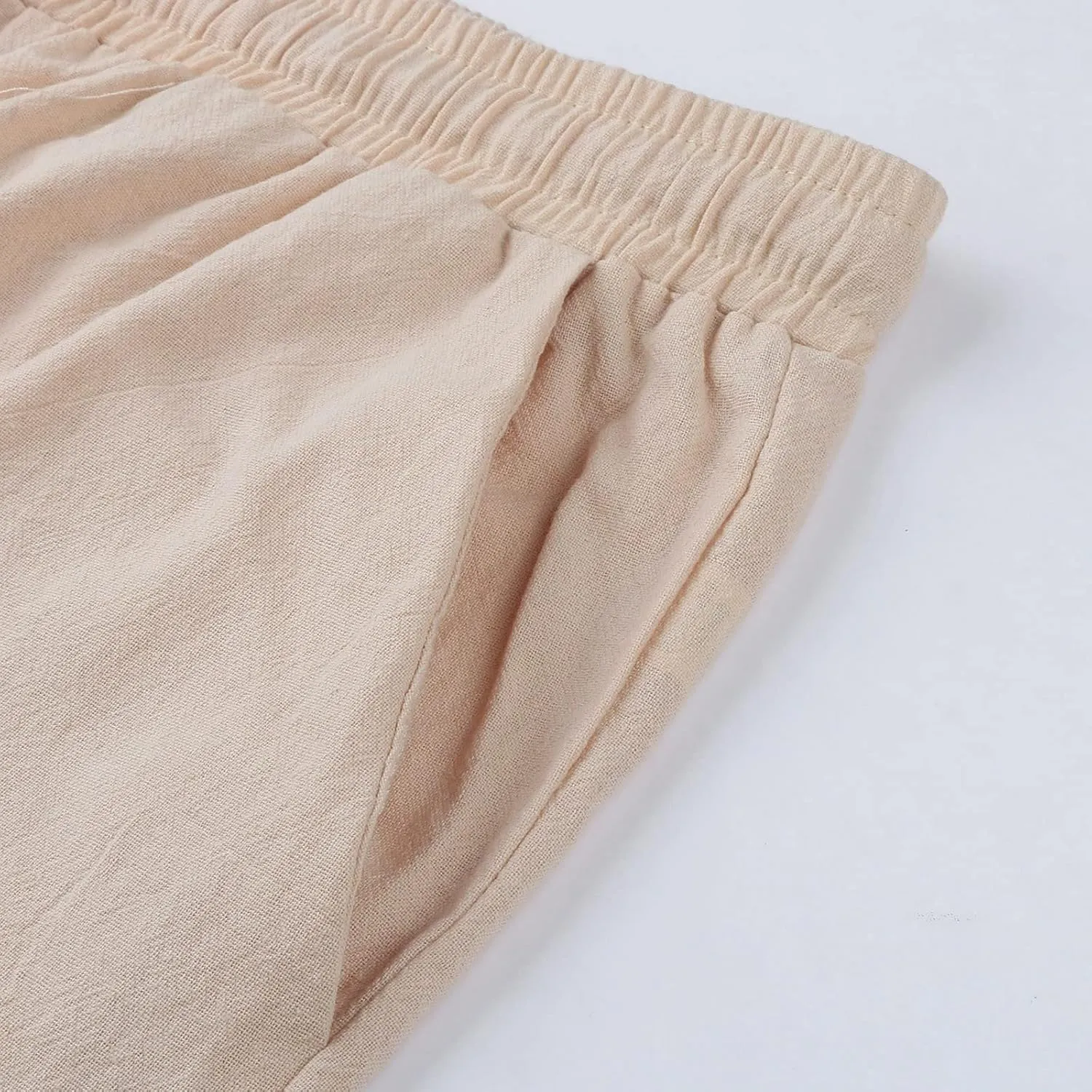 Women's Linen Palazzo Pants Drawstring Mid Waisted Flowy Wide Leg Long Lounge Pant Trousers Summer Casual Slacks with Pockets