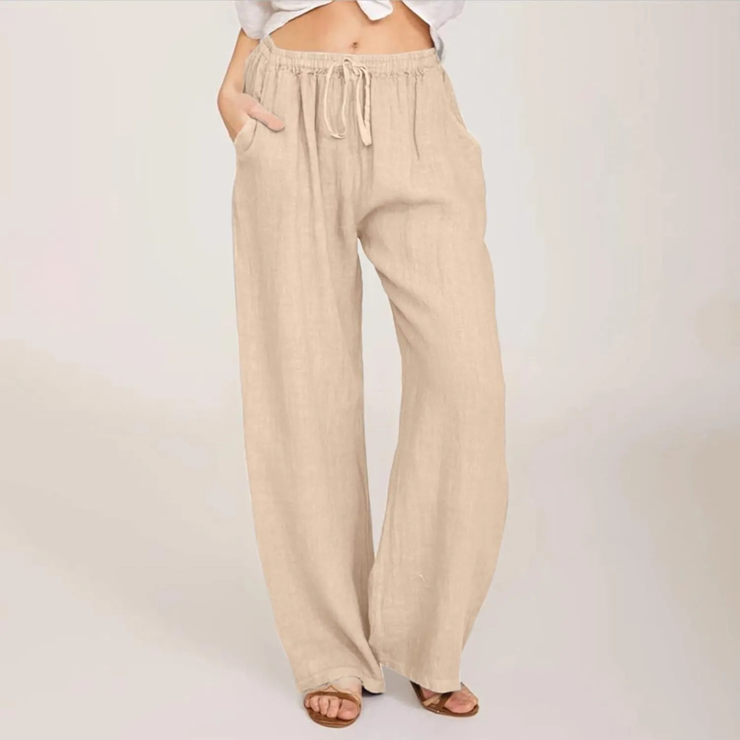Women's Linen Palazzo Pants Drawstring Mid Waisted Flowy Wide Leg Long Lounge Pant Trousers Summer Casual Slacks with Pockets