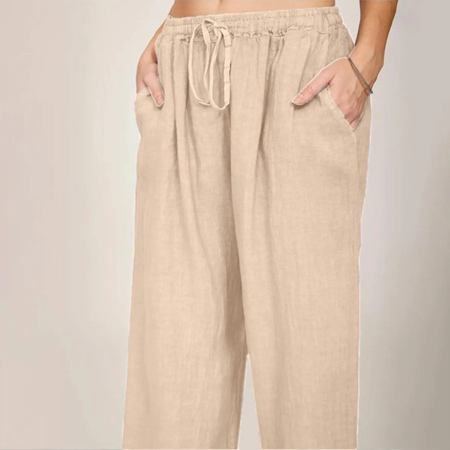 Women's Linen Palazzo Pants Drawstring Mid Waisted Flowy Wide Leg Long Lounge Pant Trousers Summer Casual Slacks with Pockets