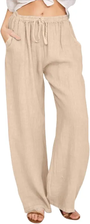 Women's Linen Palazzo Pants Drawstring Mid Waisted Flowy Wide Leg Long Lounge Pant Trousers Summer Casual Slacks with Pockets