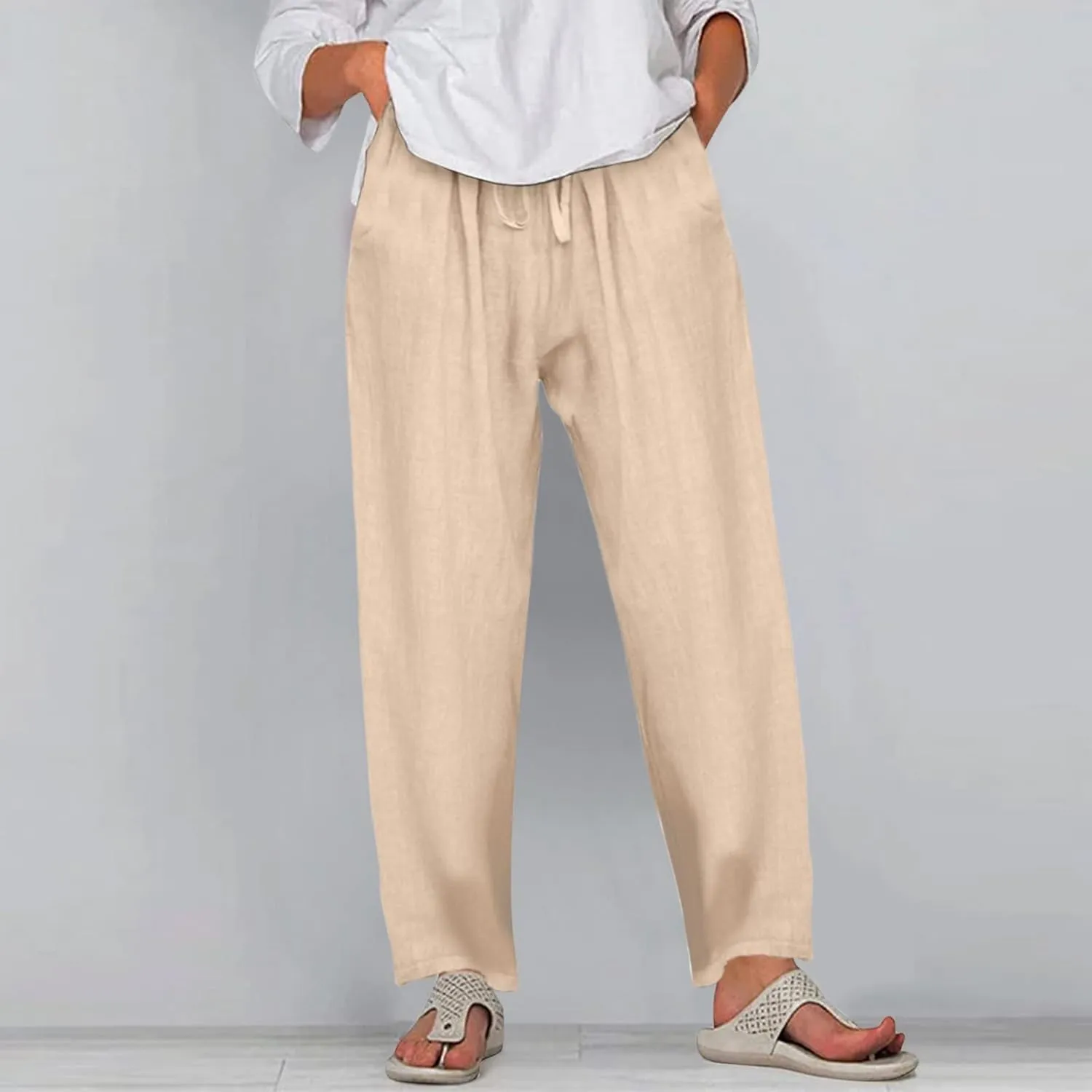 Women's Linen Palazzo Pants Drawstring Mid Waisted Flowy Wide Leg Long Lounge Pant Trousers Summer Casual Slacks with Pockets