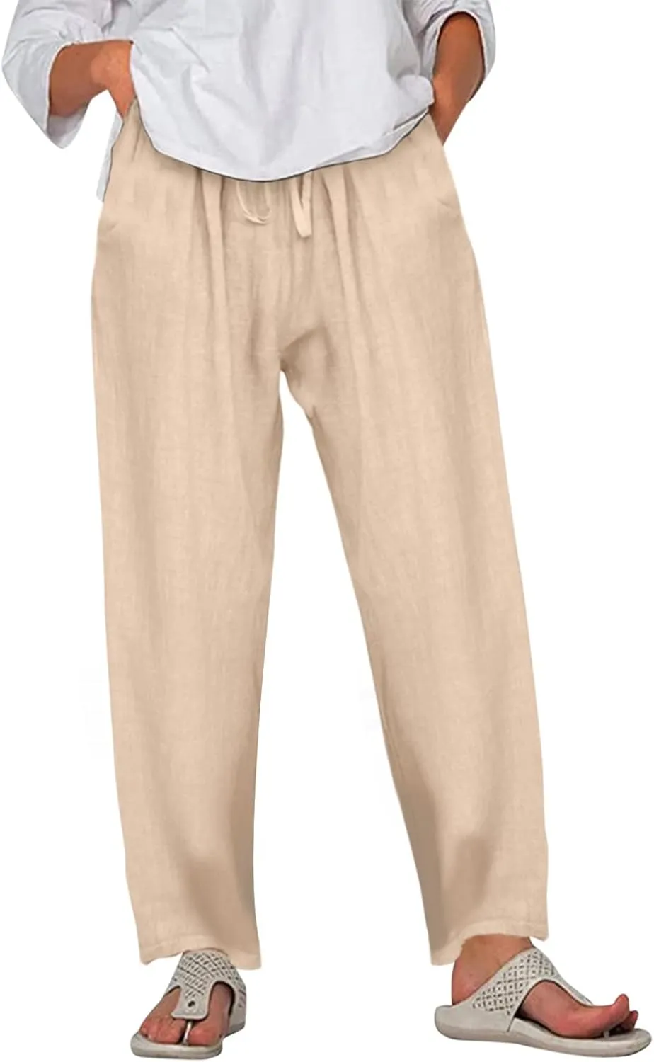 Women's Linen Palazzo Pants Drawstring Mid Waisted Flowy Wide Leg Long Lounge Pant Trousers Summer Casual Slacks with Pockets