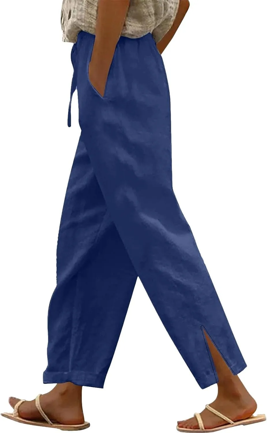 Womens Linen Pants 2025 Wide Leg Casual Palazzo Pants Elastic Waist Lounge Beach Summer Trousers with Pockets