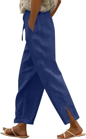 Womens Linen Pants 2025 Wide Leg Casual Palazzo Pants Elastic Waist Lounge Beach Summer Trousers with Pockets