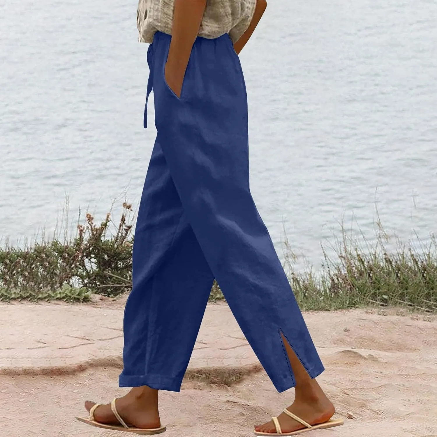 Womens Linen Pants 2025 Wide Leg Casual Palazzo Pants Elastic Waist Lounge Beach Summer Trousers with Pockets