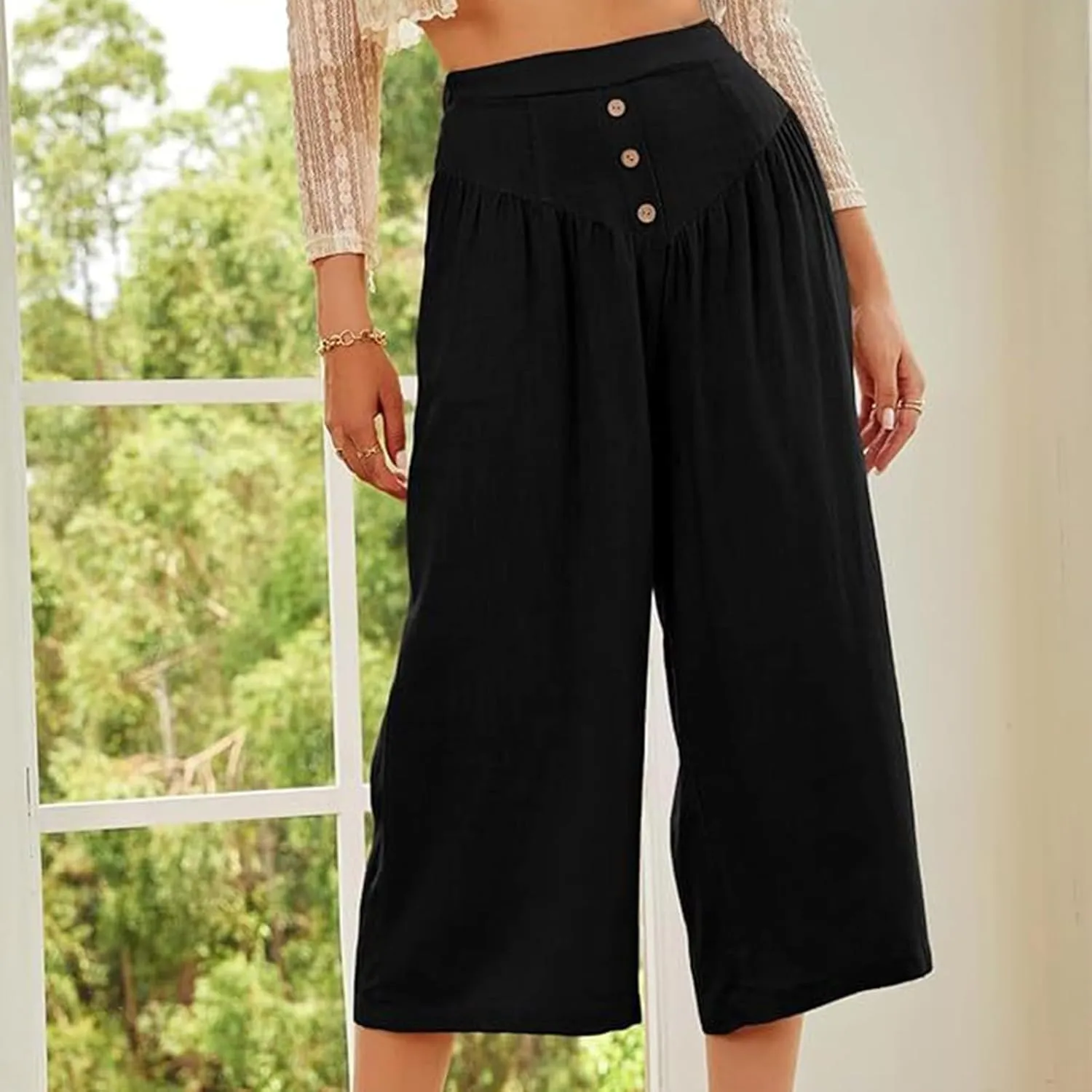 Women's Linen Pants Capri Elastic Waist Trousers High Waisted Palazzo Pants Belted Wide Leg Trousers with Pockets
