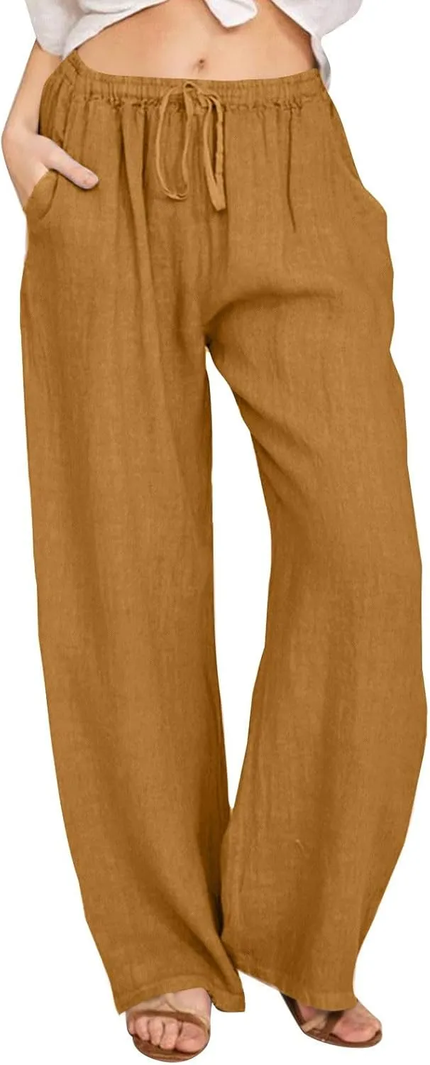 Womens Linen Pants Casual Elastic Waist Loose Summer Beach Pants Drawstring High Waisted Stright Leg Lounge Pants for Women