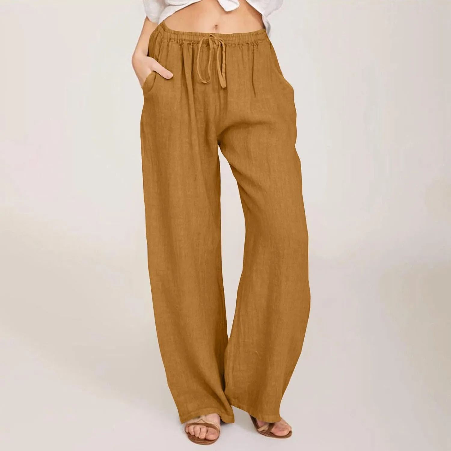 Womens Linen Pants Casual Elastic Waist Loose Summer Beach Pants Drawstring High Waisted Stright Leg Lounge Pants for Women