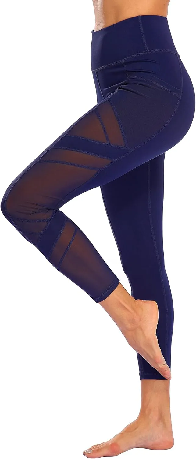Women's Mesh High Waist Leggings Yoga Pants with Pockets Tummy Control 4 Way Stretch Workout Yoga Leggings