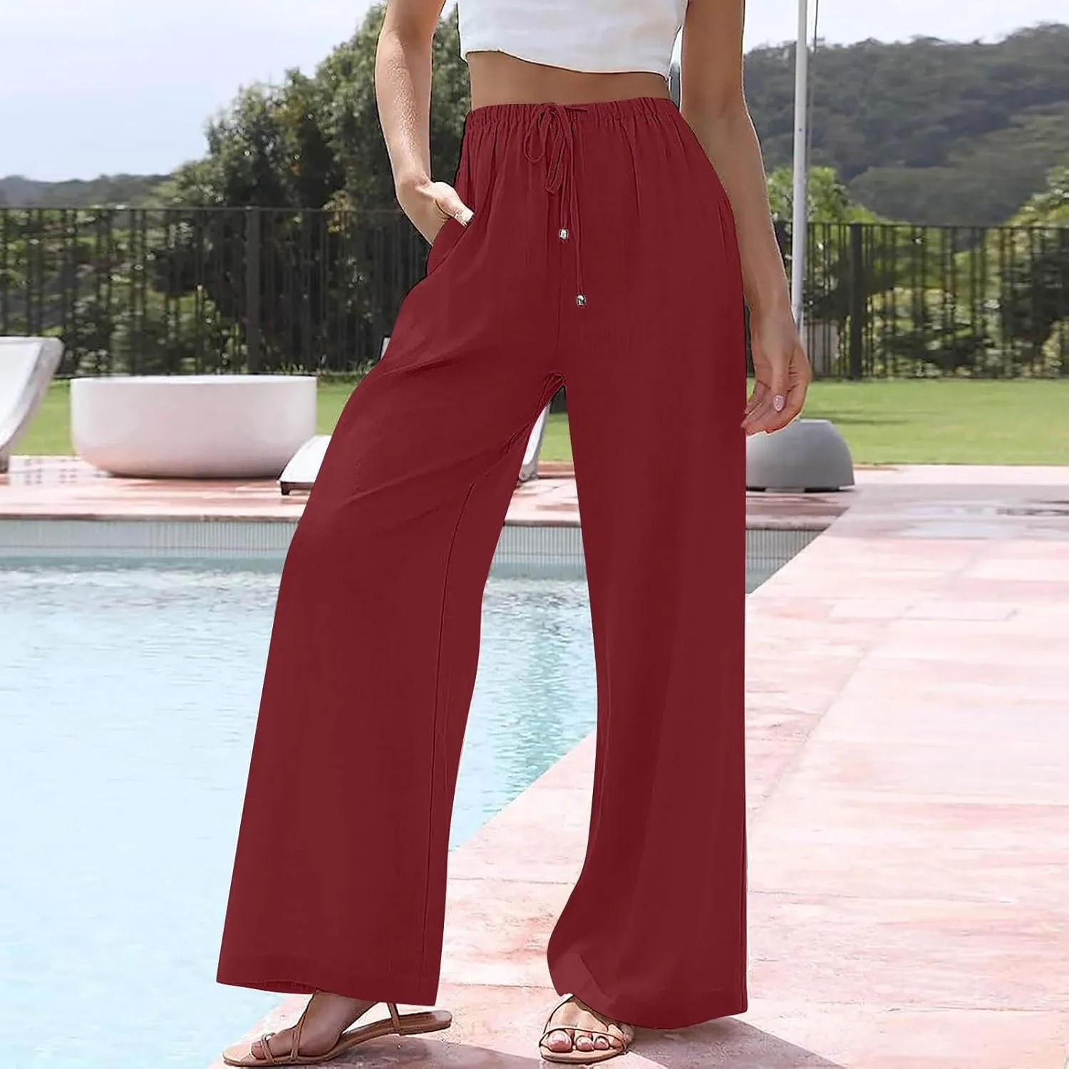 Women's Pants Trendy Linen Summer Wide Leg Pants Flowy Solid Color Beach Pants with Pockets Dress Pants, S-3XL