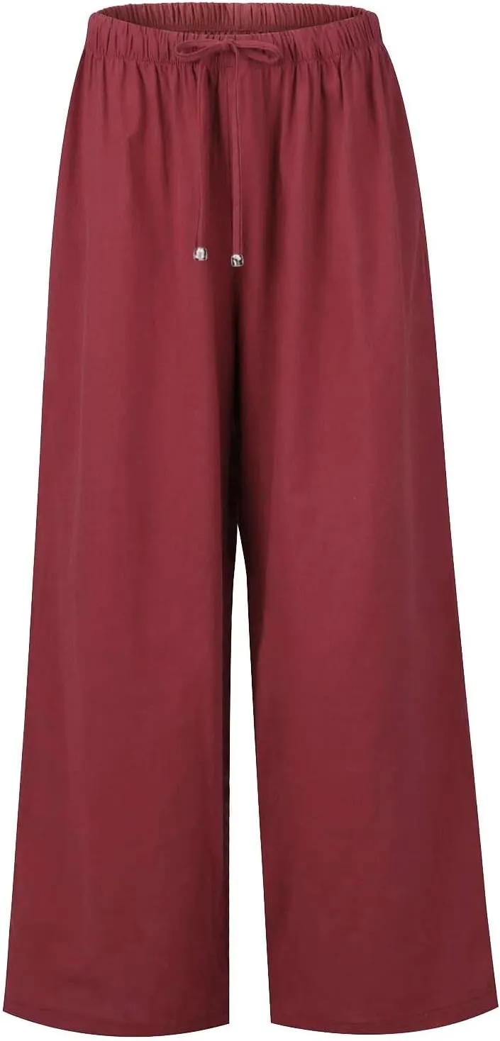 Women's Pants Trendy Linen Summer Wide Leg Pants Flowy Solid Color Beach Pants with Pockets Dress Pants, S-3XL