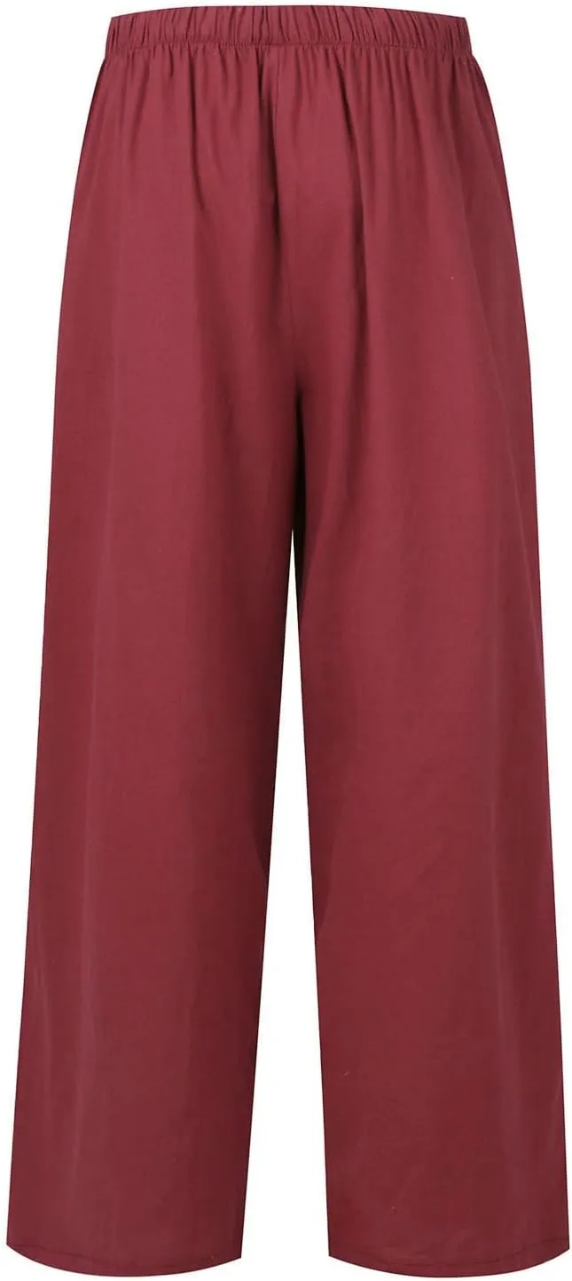 Women's Pants Trendy Linen Summer Wide Leg Pants Flowy Solid Color Beach Pants with Pockets Dress Pants, S-3XL