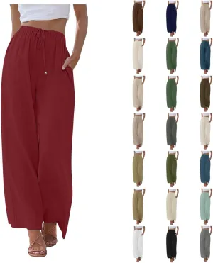 Women's Pants Trendy Linen Summer Wide Leg Pants Flowy Solid Color Beach Pants with Pockets Dress Pants, S-3XL