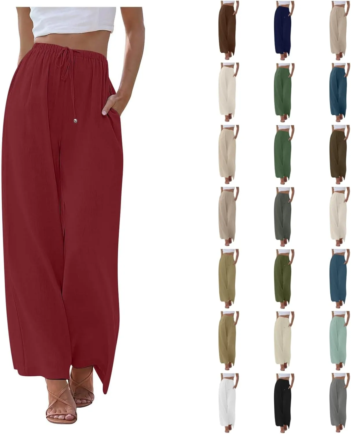 Women's Pants Trendy Linen Summer Wide Leg Pants Flowy Solid Color Beach Pants with Pockets Dress Pants, S-3XL