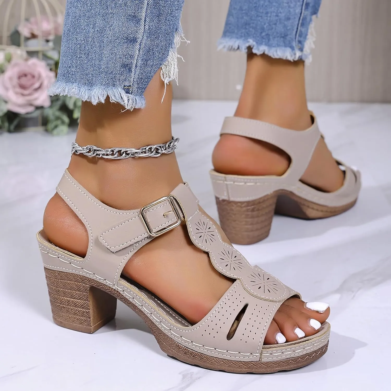 Women's Platform Heels Sandals Chunky Wide Width Low Heel Sandal Summer Buckle Ankle Strap Shoes Casual Beach Walking Sandals Lightweight Daily Wear Heeled Sandal