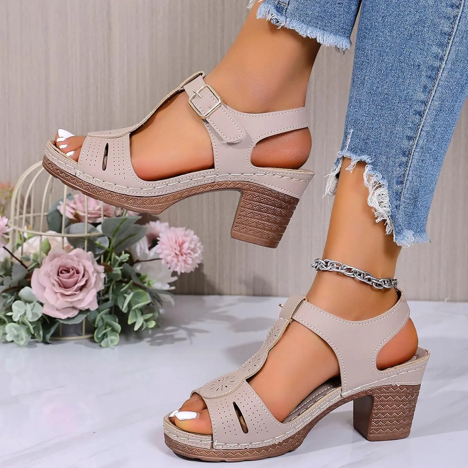 Women's Platform Heels Sandals Chunky Wide Width Low Heel Sandal Summer Buckle Ankle Strap Shoes Casual Beach Walking Sandals Lightweight Daily Wear Heeled Sandal