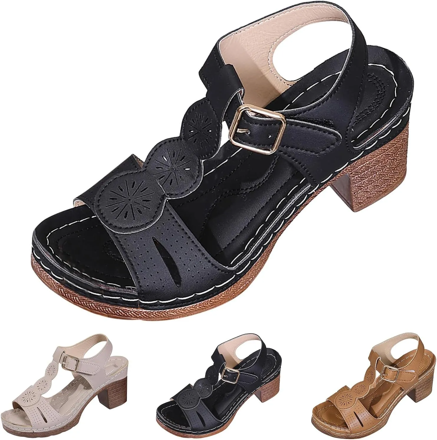 Women's Platform Heels Sandals Chunky Wide Width Low Heel Sandal Summer Buckle Ankle Strap Shoes Casual Beach Walking Sandals Lightweight Daily Wear Heeled Sandal