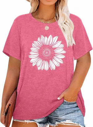 Womens Plus Size Daisy Graphic T-Shirt Summer Flower Cute Short Sleeve Shirts Casual Loose Tees Tops for Women