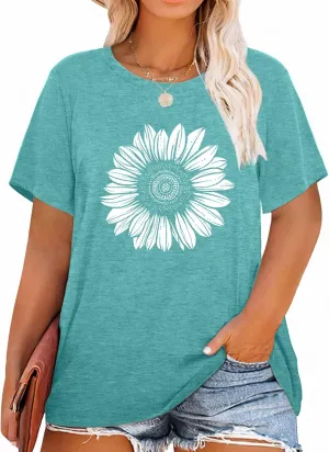 Womens Plus Size Daisy Graphic T-Shirt Summer Flower Cute Short Sleeve Shirts Casual Loose Tees Tops for Women