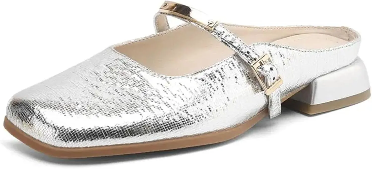 Women's Round Toe Buckle Mules - Low Heel Slip-On, Plus Size Daily Casual Shoes