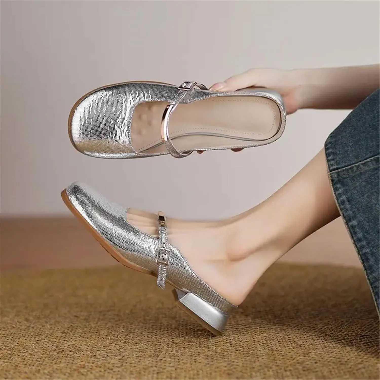 Women's Round Toe Buckle Mules - Low Heel Slip-On, Plus Size Daily Casual Shoes